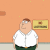 Pixelated cartoon character with brown hair and glasses stands in front of orange wall with framed picture, wearing white shirt and dark pants.