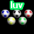 Green 'luv' text above soccer-themed icons with blue, white, red, yellow, and green patterns on black background.