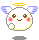 Pixelated angel icon with yellow halo, blue wings, and pink cheeks in four expressions: smiling, laughing, neutral, and surprised.