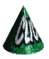 Green cone-shaped icon with white text displaying 'CLICK HERE' in a stylized font, rotating to show different angles of the same design.
