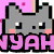 Six pixel-art show a gray cat with pink cheeks and white eyes saying 'NYAH!' in various styles, colors, and poses against different backgrounds