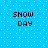 Blue background with white dots and four identical pixelated text blocks reading "SNOW DAY" in black.