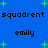 Blue background with green plus signs and repeated text 'squadrent' and 'emily' in black pixelated font.