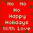 Red background with white text reading "Ho Ho Ho Happy Holidays With Love" and small green star-like shapes scattered across the image.