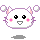 Pixelated white creature with pink cheeks, black eyes, and purple accents displays two facial expressions against gray background.
