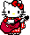 Pixel art of a white cat with black eyes and yellow nose wearing red bow, pink dress, and holding black object.