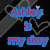 Pixelated text and symbols on a black background with diagonal stripes, featuring red and blue text and heart shapes.