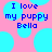 Pixelated text on a pink background with light blue circles, reading "I love my puppy Bella" in three lines.