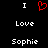 Static pixel art displays 'I' above a red heart symbol, 'Love' in the middle, and 'Sophie' below on a black background.