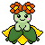 Pixel art character with green body, orange flower crown, yellow accents, and green leaf-like lower body, shown in six expressions including smiling, winking, and open-mouthed poses.