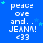 Blue background with repeated white text 'peace love and... JEANA! <33' and scattered light blue stars, arranged in a of four and three