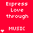 Red background with white text 'Express Love through' and 'MUSIC', plus small white star icons in various positions.