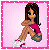 Pixel art icon with pink background, heart symbols, and text about love, featuring a seated character in the top-left corner.
