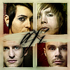 Four distinct human faces arranged in a 2x2 grid with a central black scribble overlay, each face in a separate panel against varied backgrounds.