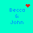 Pixelated cyan background with blue text 'Becca & John' and red pixel art symbols above each name.