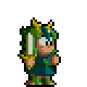 Pixelated character with green hair and golden horns, wearing dark blue tunic and green boots, holding a white sword, in walking and attacking poses.
