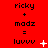 Red background with repeated text 'Ricky + madz = luuvv' and white pixelated symbols changing across three