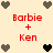 Pixelated icon with red text 'Barbie + Ken' repeated four times on a beige background, surrounded by gray and black heart symbols.
