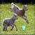 Two cartoon deer stand on grass; one raises its head while the other shifts position, with a small cyan heart symbol below.