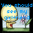 Pixelated cartoon character with yellow head and red heart on chest, holding flower, against light blue sky and green grass background.