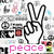 Animated icon shows a hand making a peace sign with pink text changing from 'peace' to 'love' to 'happiness' over a pixelated background.