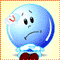 Blue spherical character with downturned mouth, black eyes, and white cloud-like base stands against light yellow background; red heart symbols appear in top-left corner.