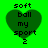 Green background with four identical dark green heart shapes, each containing stacked text reading 'soft', 'ball', 'my', 'sport', and '2' in black pixelated font.