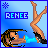 Pixel art contact sheet showing two frames of an animated buddy icon with a woman lying on her back, legs raised in the air, and blue text reading "RENEE" above her against a light blue background.