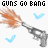 four and four shows a repeating animated icon featuring a gray pistol with orange muzzle flash, blue checkmark symbols, and 'GUNS GO BANG' text in black or orange