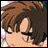 A 48x48 pixel buddy icon featuring a close-up of an anime-style character's face on the left and text elements on the right against a black background.