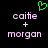 Green pixelated heart symbol above pink text reading 'caitie + morgan' on black background.