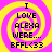 A static image with a yellow and pink spiral background displaying text "I LOVE ALEXA WERE... BFFL<33" in black pixelated font.