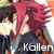 Pixelated anime-style character with red hair and dark clothing, shown in two states with different text labels.