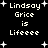 Black background with white pixelated text reading "Lindsay Grice is Lifeeee" repeated in two , surrounded by small plus-shaped stars