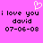 Pixelated pink background with black text reading 'i love you david 07-06-08' and a white pixel heart above the text.