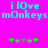 Pixelated cyan text 'i lOve mOnkeys' on bright pink background with green and gray star-like symbols below.