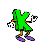 Green letter K character with brown limbs and purple shoes performs various hand gestures