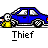 Animated contact sheet of a blue car with yellow wheels and gray interior, featuring a small white stick figure running alongside in some frames, with the word 'Thief' displayed below each frame.