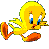 Yellow cartoon bird with blue eyes and orange beak/feet in four sequential poses against gray background.