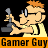 Pixel art contact sheet showing two frames of a 2D animated character holding a game controller with text banner below.
