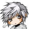Chibi-style anime character with spiky silver hair, large blue eyes, and a neutral expression, wearing a gray outfit with a black collar.