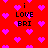 Red background with scattered pink hearts and repeated text "i LOVE BRI" in black pixelated font.