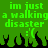 Green background with pixelated text reading 'im just a walking disaster :'(' repeated twice, black flame-like shapes at the bottom.