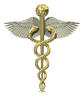 Golden caduceus symbol with two snakes coiled around a winged staff, displayed in three vertical on white backgrounds