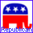 Republican elephant icon with blue and red color scheme, white stars on blue section, pixelated text reading "Republican" below.