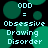 Pixelated text displays 'ODD = Obsessive Drawing Disorder' over a black background with green circular shapes, repeated in two identical