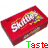 Red Skittles boxes with 'Taste' text, purple Skittles bags with 'The' text, and blue Skittles packages with 'Rainbow' text in a