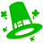 Green leprechaun hat with white brim and face on white background, surrounded by green clovers, next to blue with yellow text