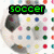 A soccer ball with black and white appears against a colorful polka-dot background, displaying text in green, purple, and cyan