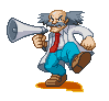 Pixel art character in white lab coat and blue pants holding megaphone, shown in six sequential poses with varying leg positions and mouth expressions.